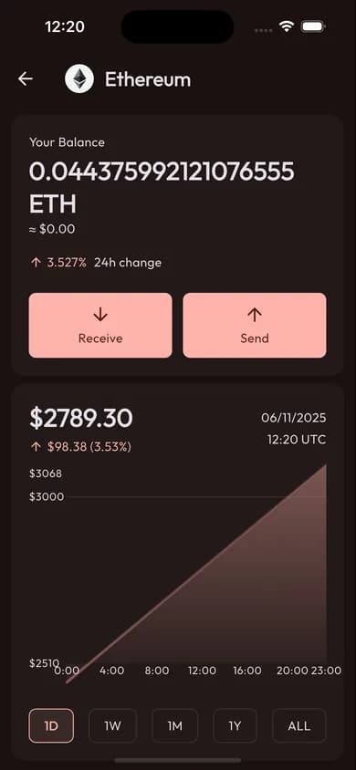 Token details screen with market charts and performance data