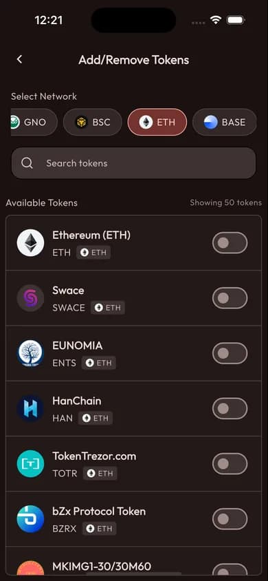 Token management interface with search and organization features