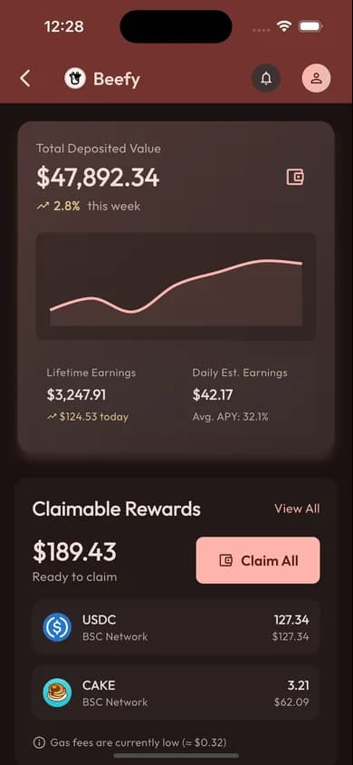 DeFi dashboard showing yield farming and rewards data
